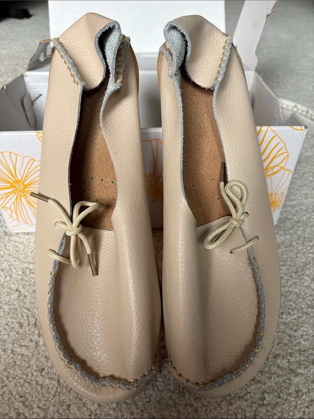 Beige Leather Moccasin Flats with Lace Tie
